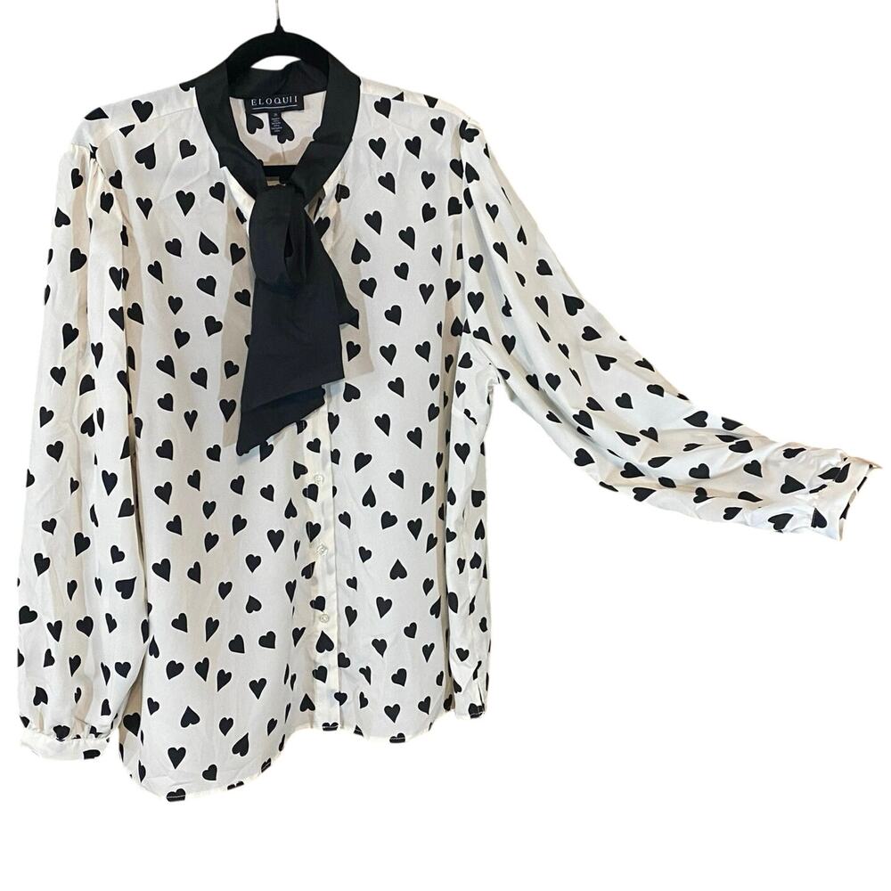 Eloquii Black Heart Print Tie Neck Blouse Size 20 Plus Romantic Chic feminine - Picture 2 of 7